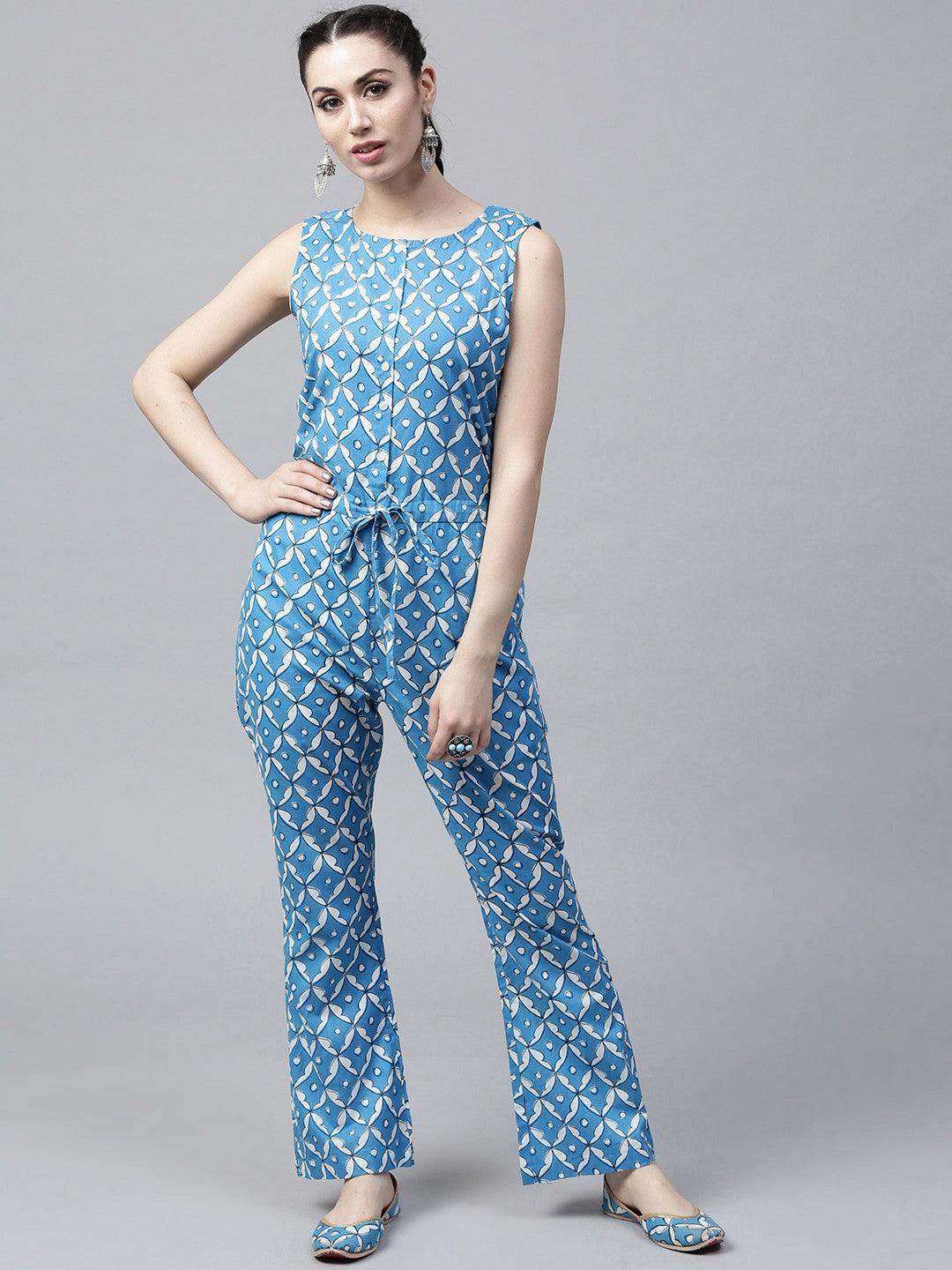 Blue &amp; White Printed Sleeveless Jumpsuit - Znxclothing