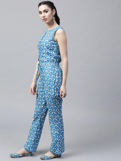 Blue &amp; White Printed Sleeveless Jumpsuit - Znxclothing