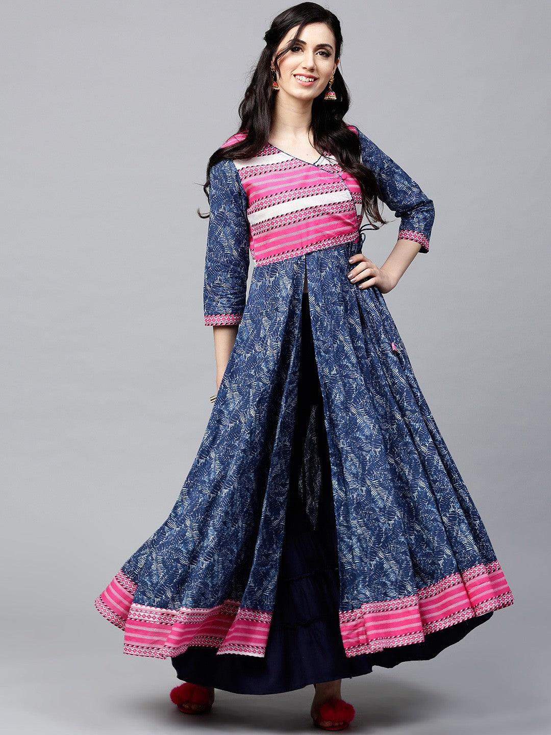 Blue &amp; White Printed Anagharkha Style Anarkali (Fully Stitched) - Znxclothing
