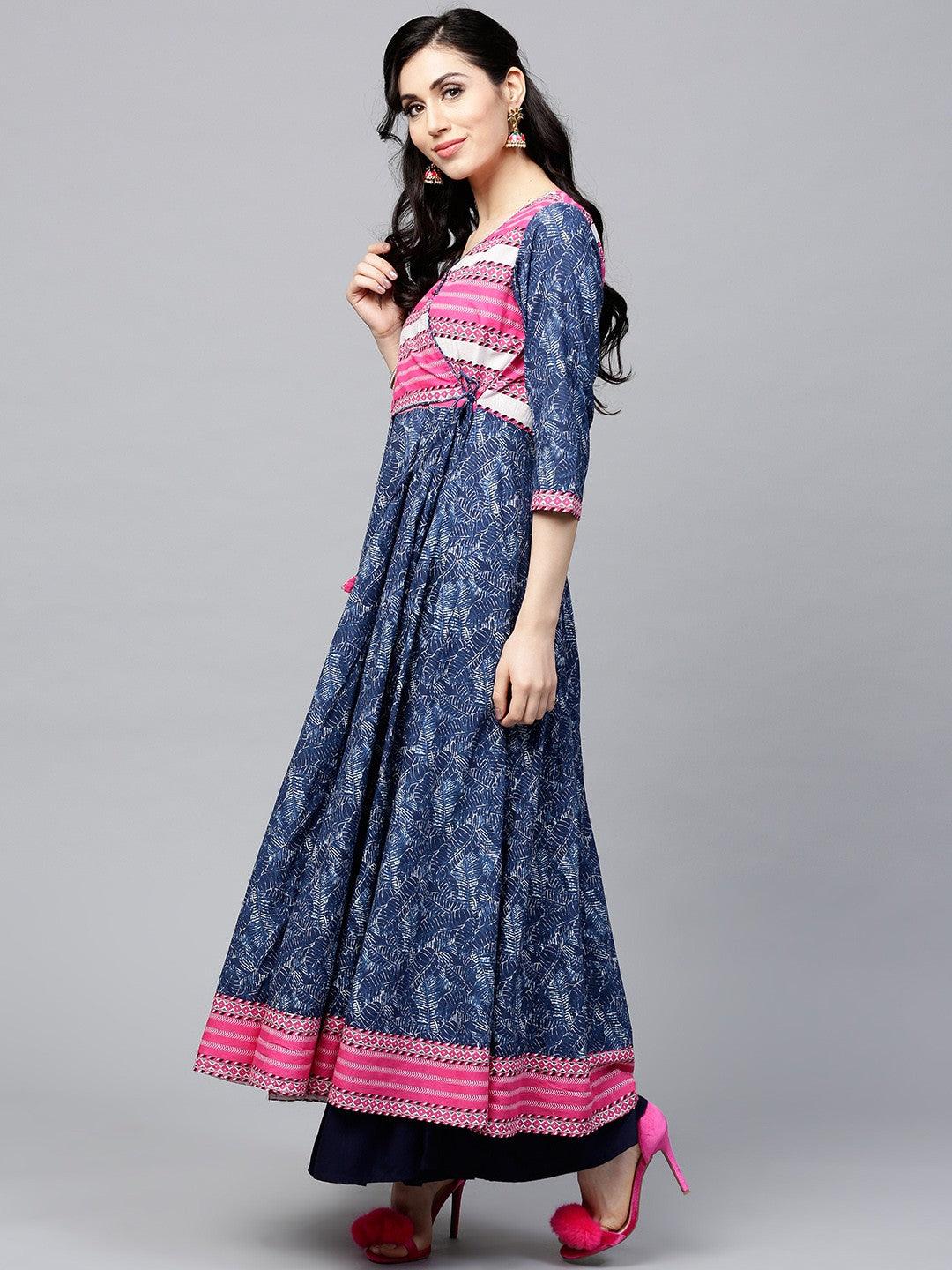 Blue &amp; White Printed Anagharkha Style Anarkali (Fully Stitched) - Znxclothing