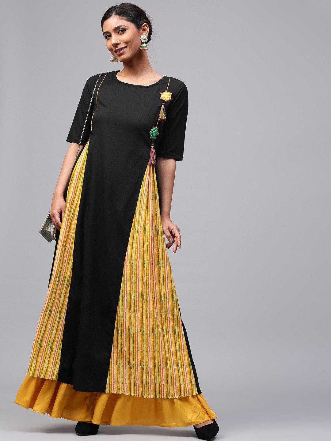 Black &amp; Yellow Solid A-Line Kurta With Embellished Details (Fully Stitched) - Znxclothing