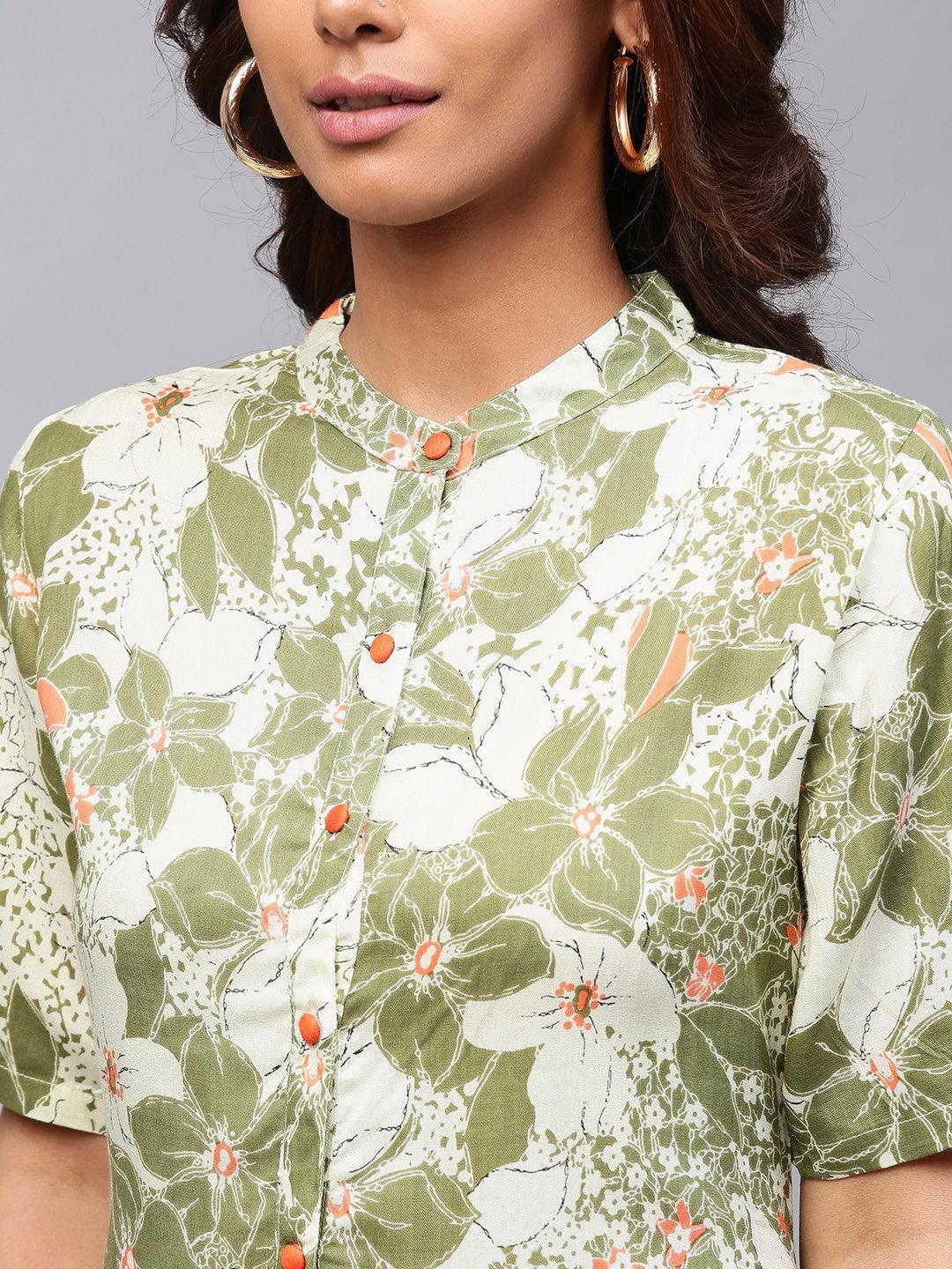 Cream &amp; Green Printed High-Low Tunic - Znxclothing