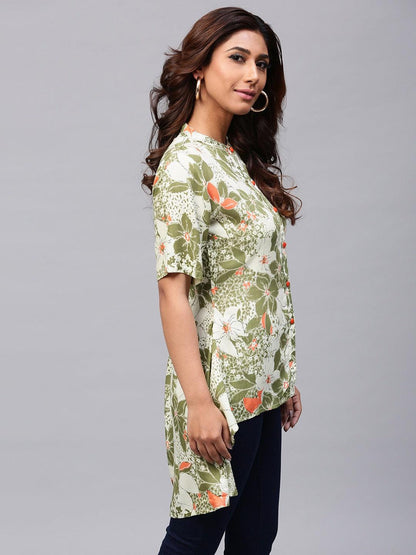 Cream &amp; Green Printed High-Low Tunic - Znxclothing