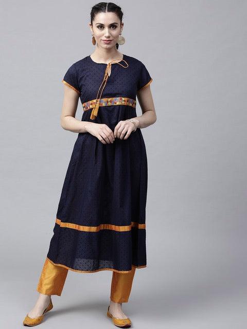 Navy Blue Dobby Woven A-Line Kurta With Embroidered Details (Fully Stitched) - Znxclothing