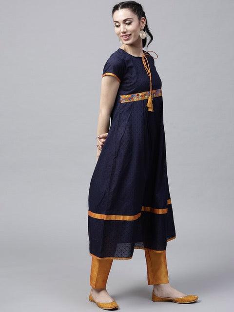 Navy Blue Dobby Woven A-Line Kurta With Embroidered Details (Fully Stitched) - Znxclothing