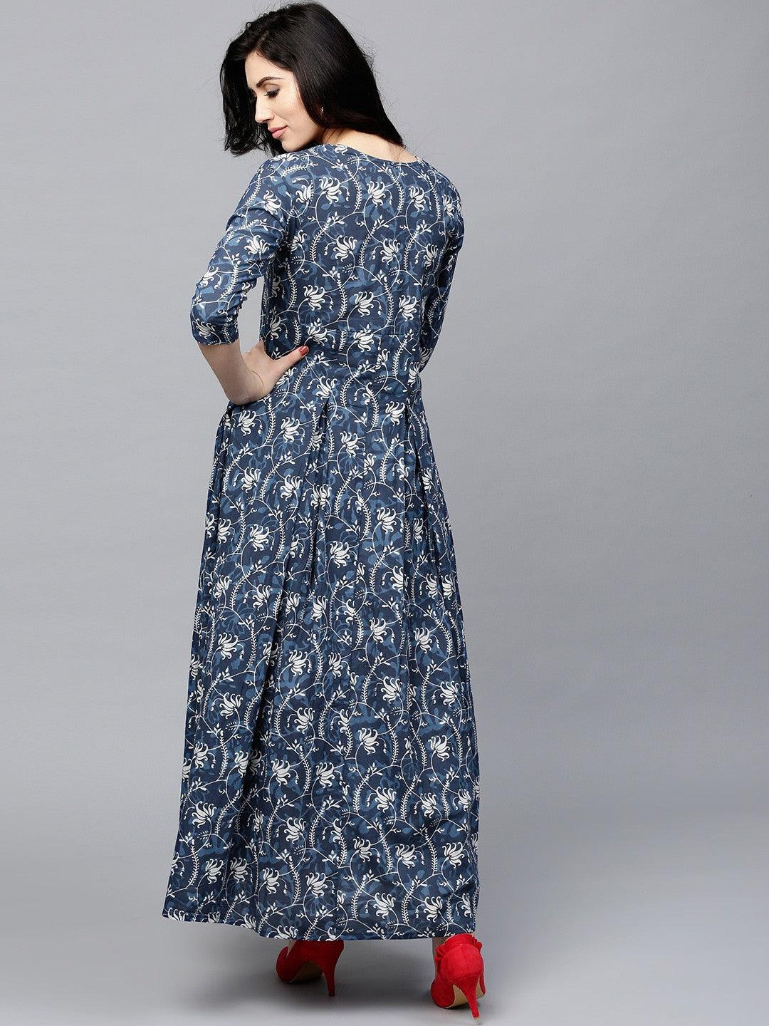 Blue Printed Box Pleated Maxi Dress (Fully Stitched) - Znxclothing