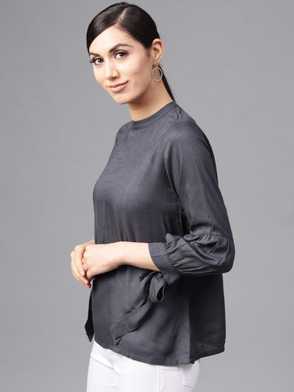 Grey Solid Tunic With Tie-Up Sleeve Details - Znxclothing