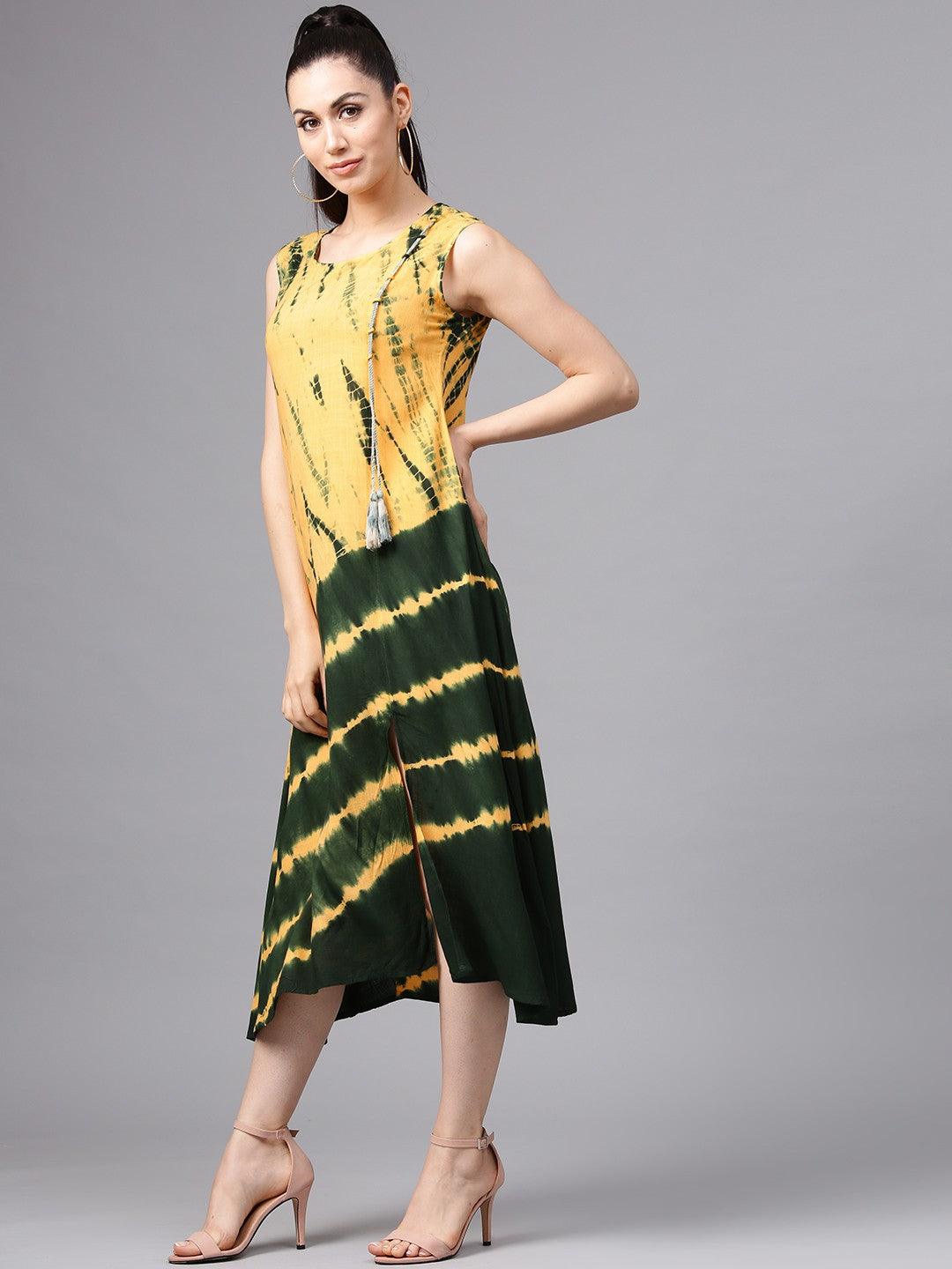 Yellow &amp; Green Tie &amp; Dye Sleeveless A-Line Dress (Fully Stitched) - Znxclothing