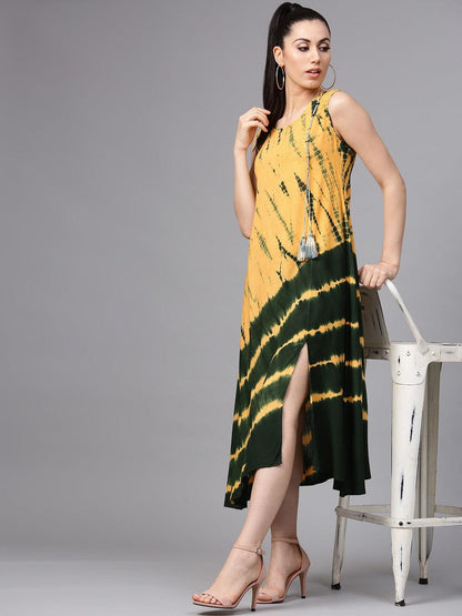 Yellow &amp; Green Tie &amp; Dye Sleeveless A-Line Dress (Fully Stitched) - Znxclothing