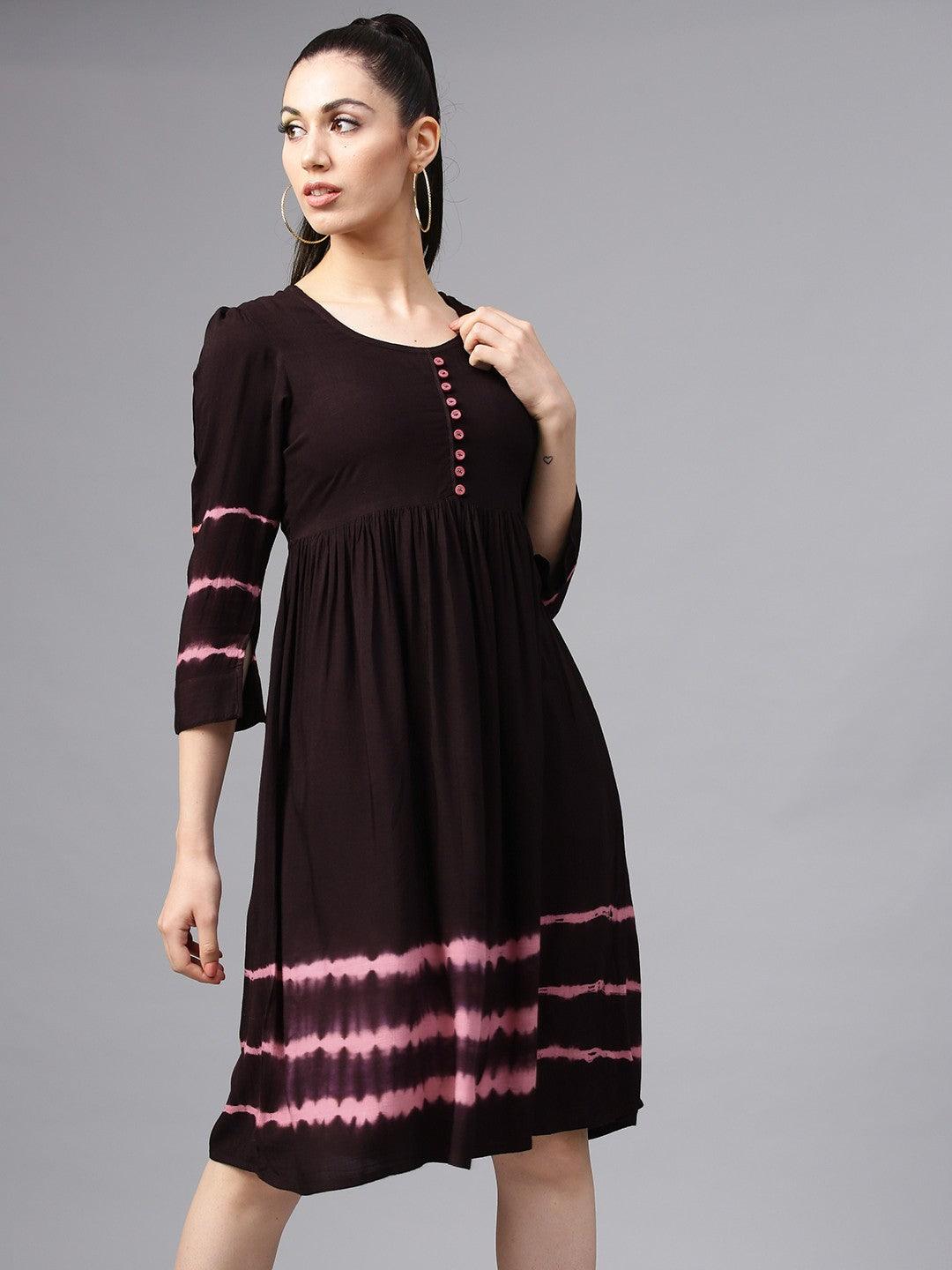 Dark Brown Tie &amp; Dye Pleated A-Line Dress (Fully Stitched) - Znxclothing