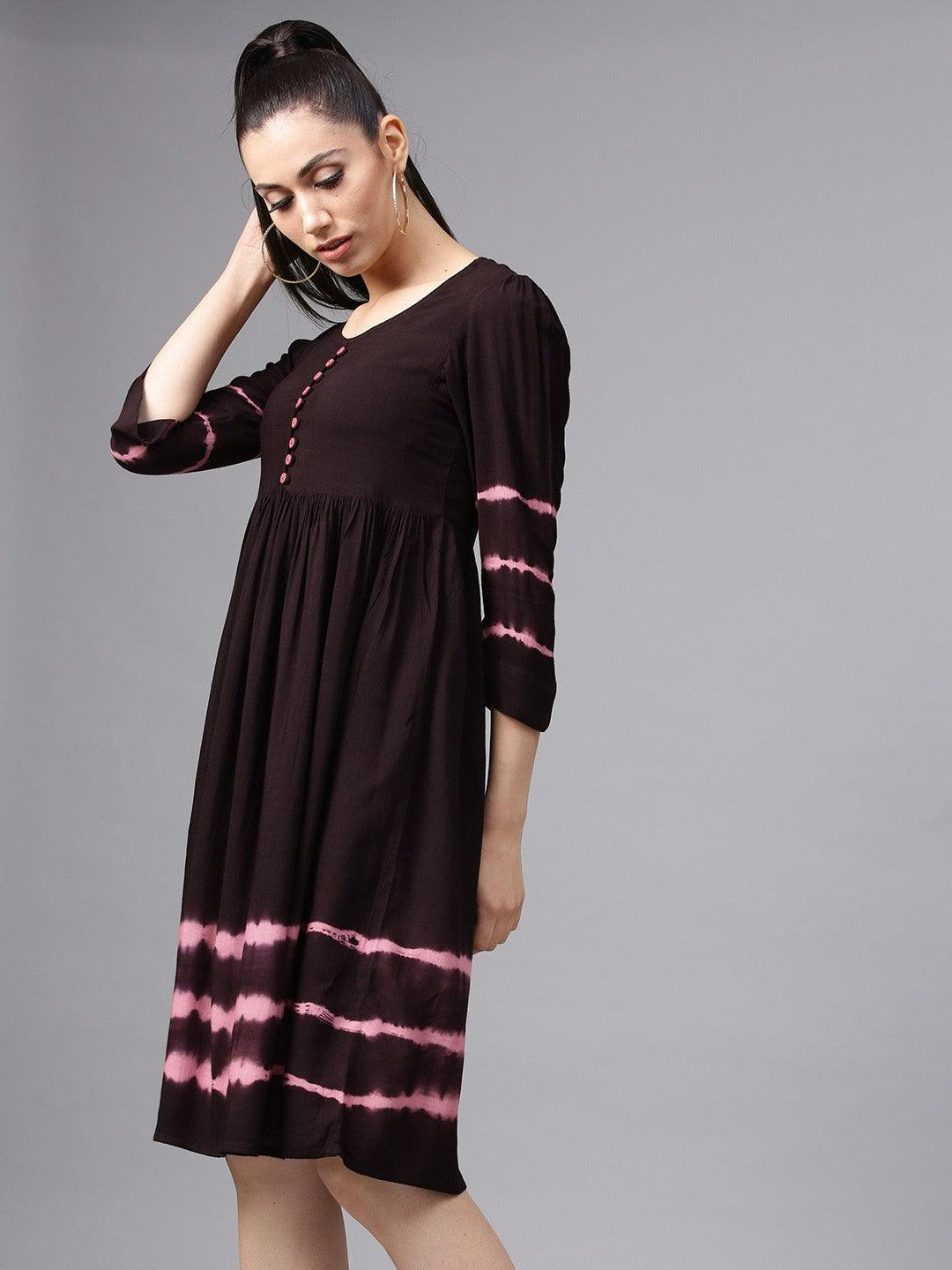 Dark Brown Tie &amp; Dye Pleated A-Line Dress (Fully Stitched) - Znxclothing