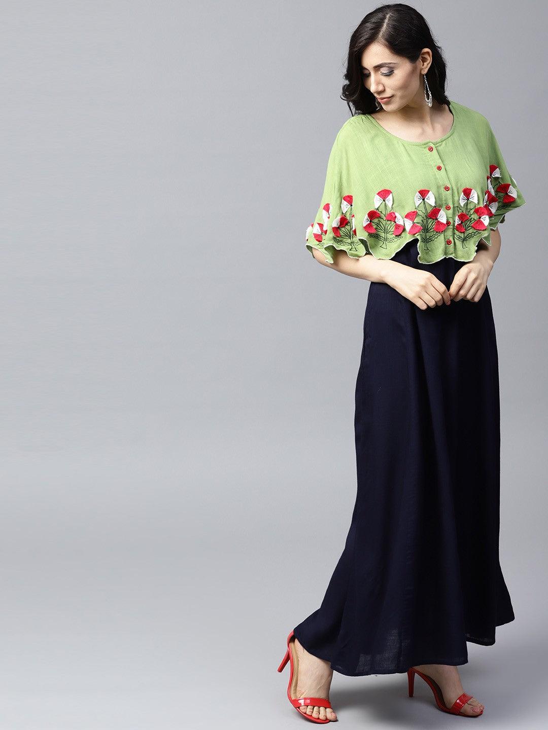 Navy Blue &amp; Green Embroidered Yoke Cape Design Maxi (Fully Stitched) - Znxclothing