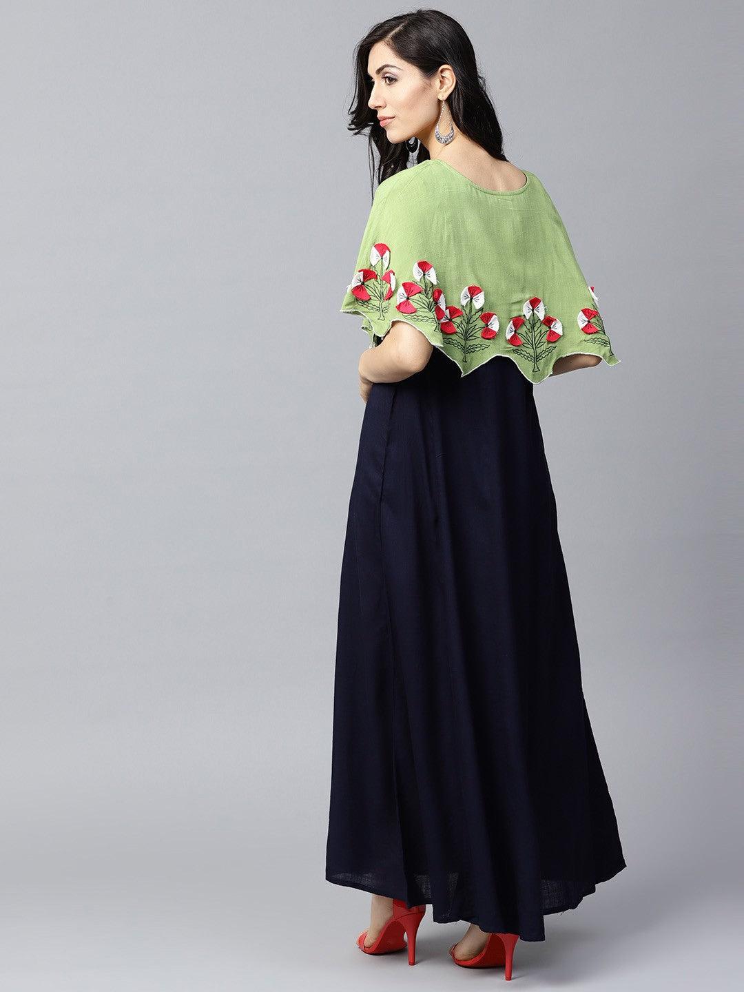 Navy Blue &amp; Green Embroidered Yoke Cape Design Maxi (Fully Stitched) - Znxclothing