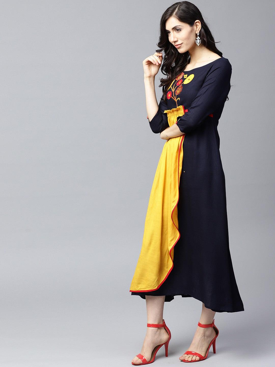 Mustard &amp; Navy Blue Embroidered Layered A-Line Dress (Fully Stitched) - Znxclothing