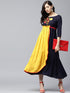 Mustard & Navy Blue Embroidered Layered A-Line Dress (Fully Stitched) - Znxclothing