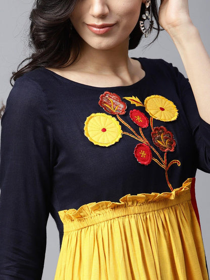 Mustard &amp; Navy Blue Embroidered Layered A-Line Dress (Fully Stitched) - Znxclothing