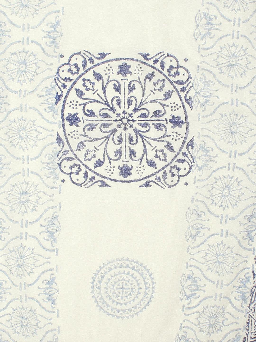 White &amp; Blue Hand Block Printed Dupatta - Znxclothing